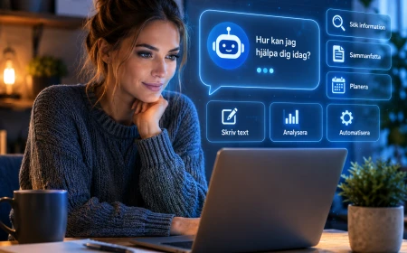 Person använder en digital AI-assistent vid en laptop med holografiska ikoner för chatt, sökning, dokument och automatisering.