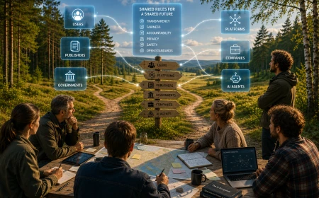 Människor vid ett skogsbryn där flera vägar möts, som symbol för att AI-system behöver gemensamma spelregler.
