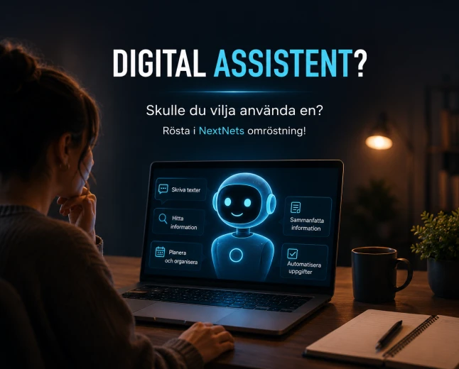 Person vid en laptop med en digital AI-assistent på skärmen och text om en omröstning om digitala assistenter.