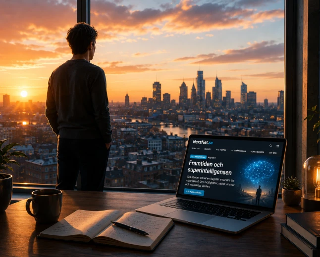 Person blickar ut över en stad i gryningen med en laptop som symboliserar framtidens AI och superintelligens.