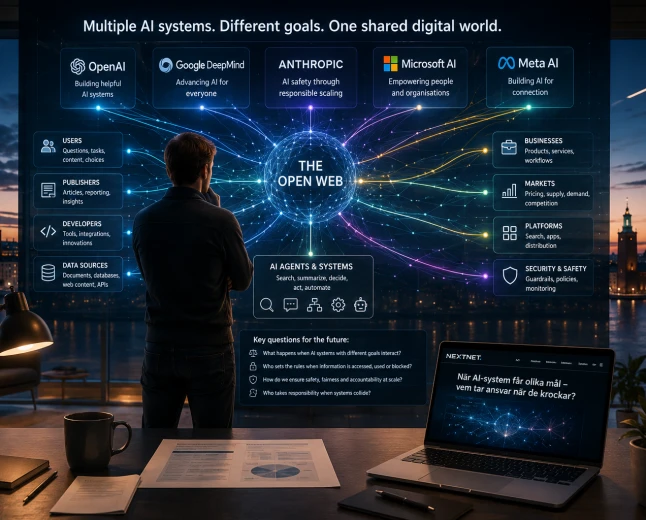 Person analyserar hur flera AI-system med olika mål kopplas till samma digitala ekosystem.