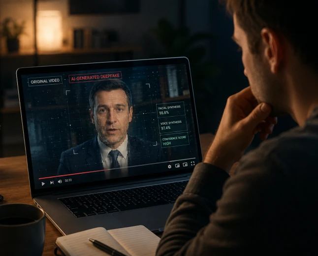 Person granskar en misstänkt AI-manipulerad video på en laptop.