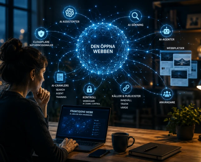 Person vid laptop med en visualisering av hur AI-sökning, webbplatser, crawlers och källor kopplas samman på den öppna webben.