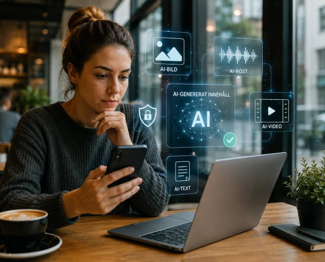 Person på café granskar digitalt innehåll på mobil och dator med visuella symboler för AI och transparens.