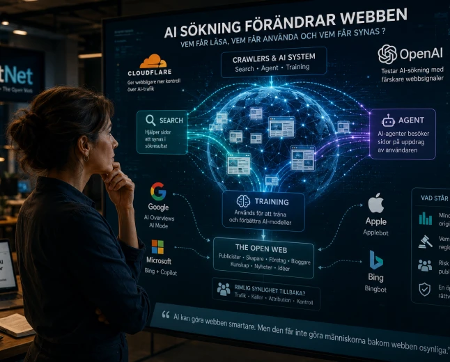 Person granskar hur AI-sökning, crawlers och techjättar påverkar den öppna webben.