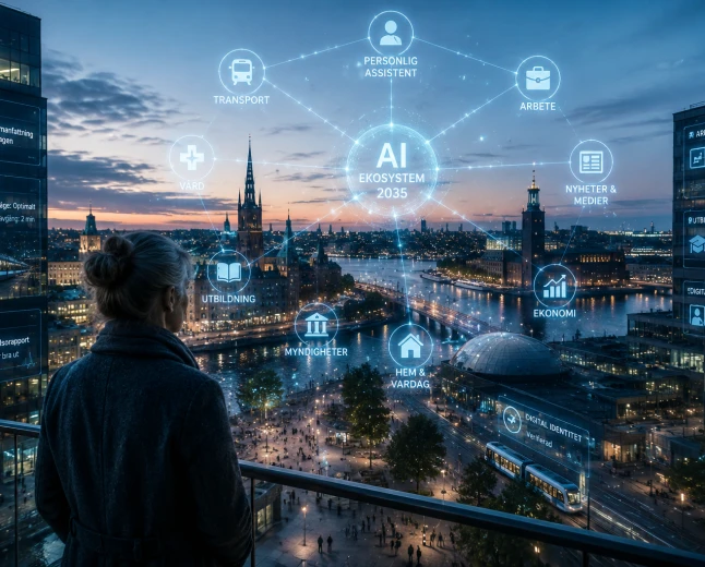 Person i en framtida svensk stad år 2035 där flera AI-system är integrerade i vardag, arbete, samhälle och digital infrastruktur.