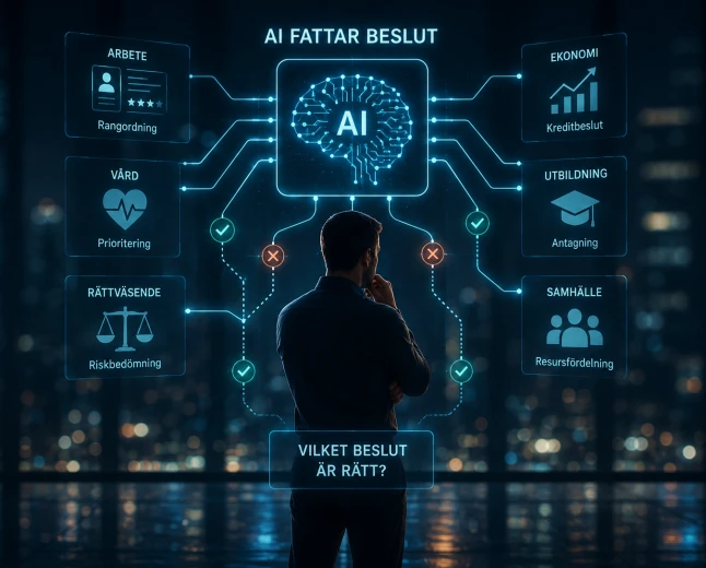 Människa framför ett digitalt AI-system som väger olika beslut.