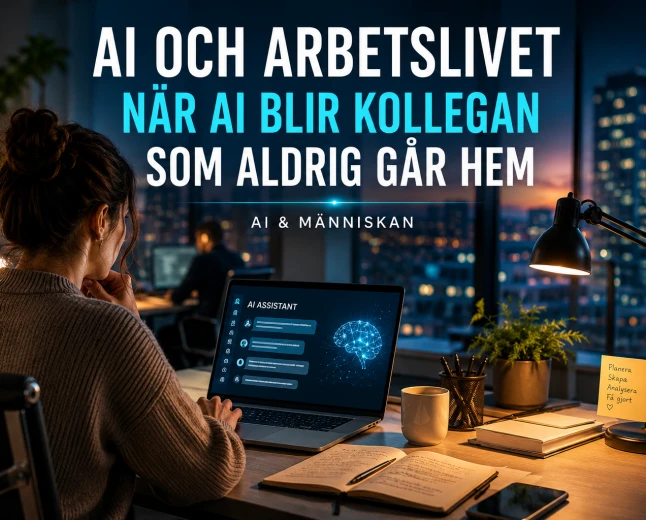 Person på kontor arbetar vid en laptop med en digital AI-assistent som symboliserar framtidens arbetsliv.