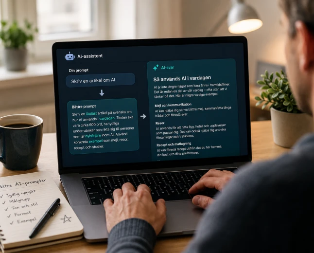 Person skriver en AI-prompt vid en laptop.