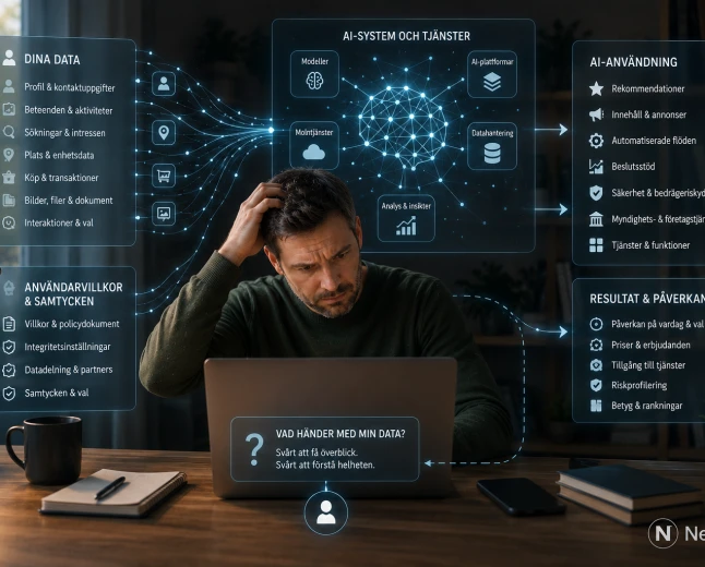 Person framför en laptop försöker förstå hur AI-system använder data och digitala villkor.