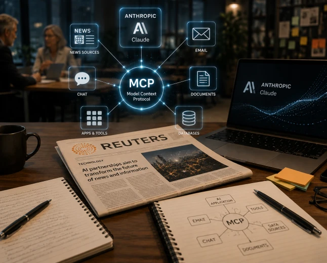 Reuters-material på ett arbetsbord framför en MCP-visualisering som kopplar Anthropic Claude till mejl, dokument, appar, databaser och nyhetskällor.