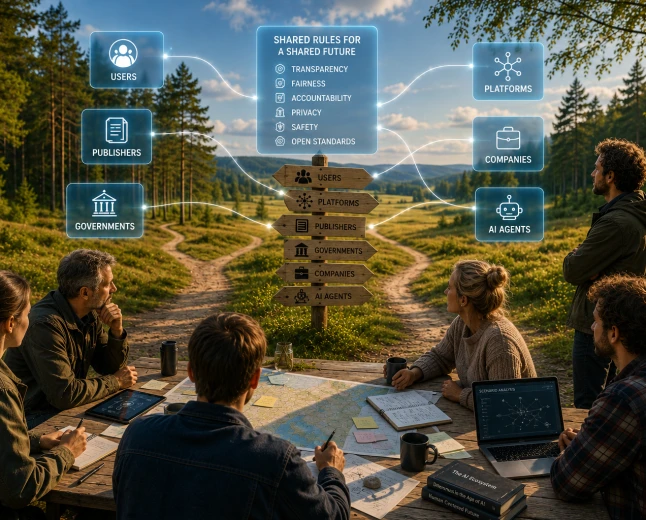 Människor vid ett skogsbryn där flera vägar möts, som symbol för att AI-system behöver gemensamma spelregler.