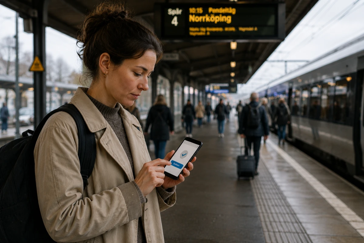 Person på en tågperrong tittar på mobilen medan andra resenärer rör sig i bakgrunden.