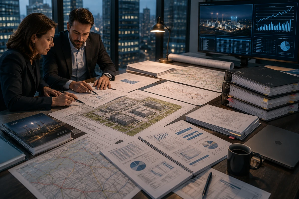 Professionals reviewing infrastructure plans, generic contract documents and power-network diagrams in a project office.