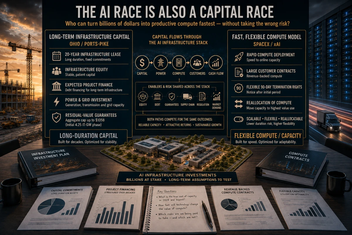 Editorial financial analysis graphic comparing long-duration infrastructure capital in Ohio with SpaceX and xAI’s faster, more flexible compute model.