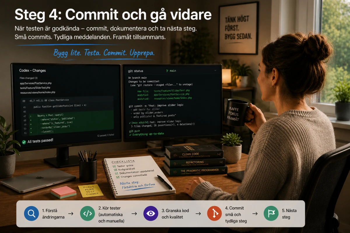 Skärm med kodändringar, testresultat och en tydlig commit som nästa kontrollpunkt