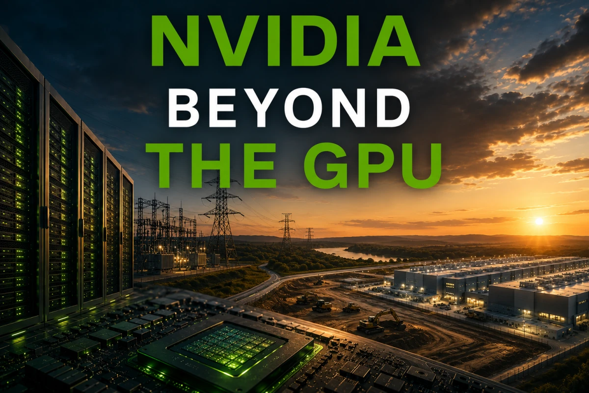 Editorial illustration of NVIDIA's expansion beyond GPUs into AI infrastructure, showing server hardware, power transmission, construction and a large data center campus.