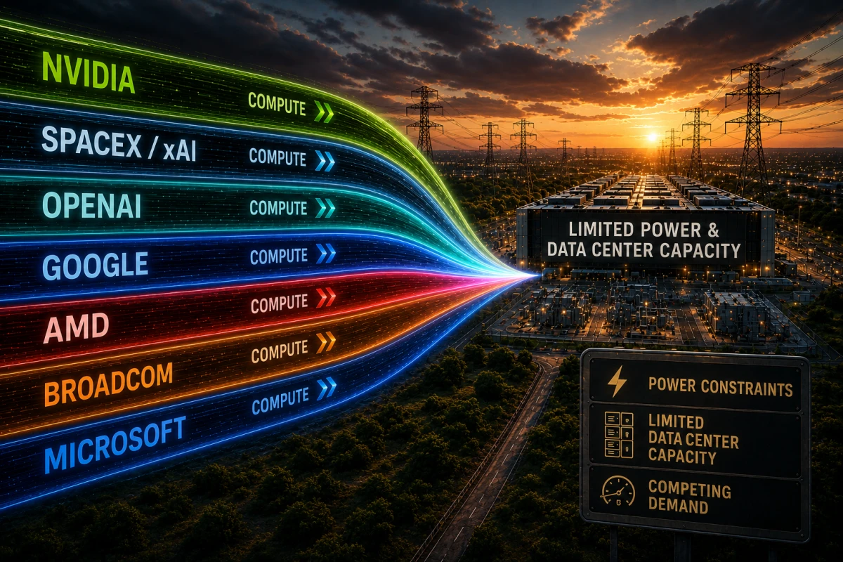 Editorial illustration showing compute paths from NVIDIA, SpaceX/xAI, OpenAI, Google, AMD, Broadcom and Microsoft converging on limited power and data-center capacity.