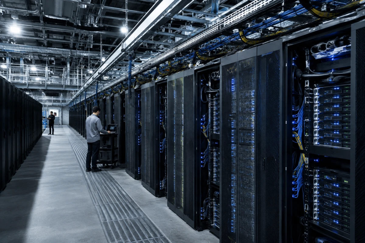 Data center with long rows of server racks, cabling and technicians at work.