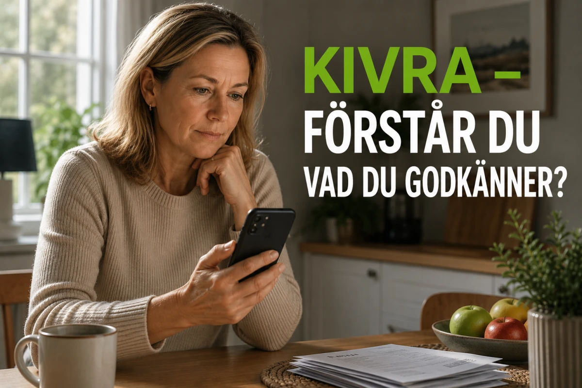 Kvinna sitter vid köksbordet med mobilen och funderar över Kivras villkor och vad användaren godkänner.
