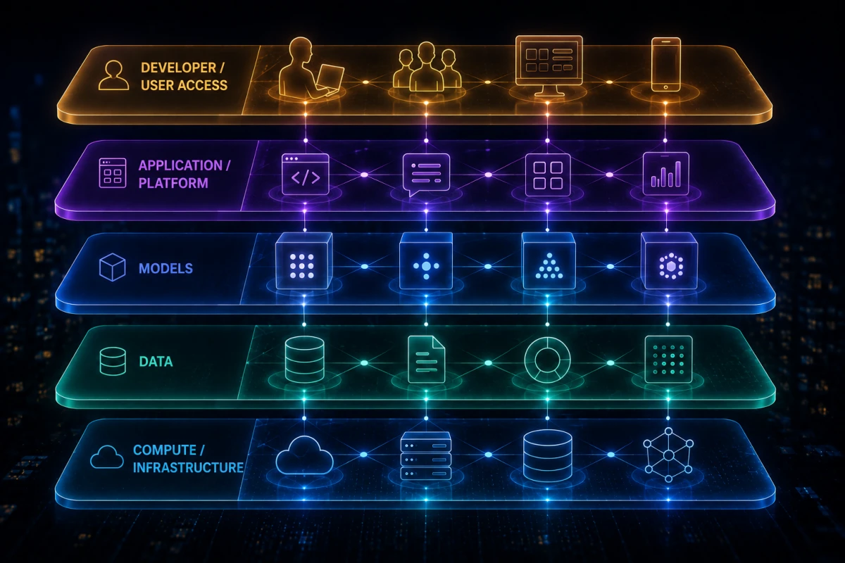 Layered editorial illustration of shared compute, separate AI models, a software platform and developer access.