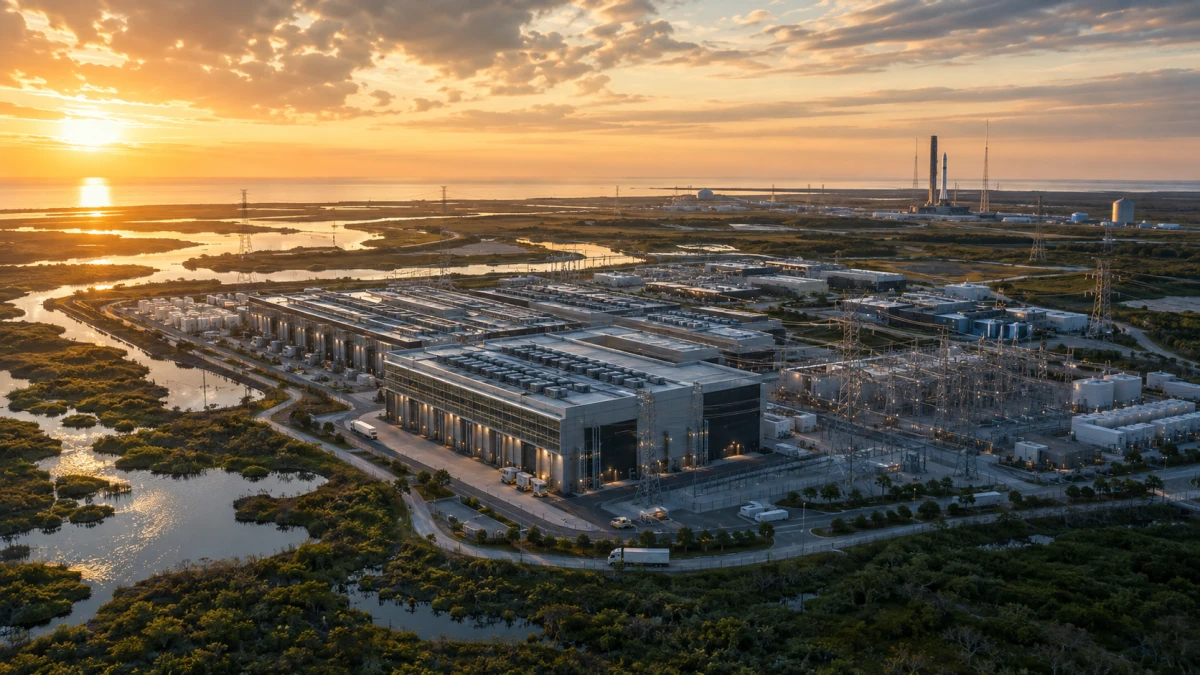 Large AI infrastructure campus beside coastal wetlands with power, transport and distant launch infrastructure.