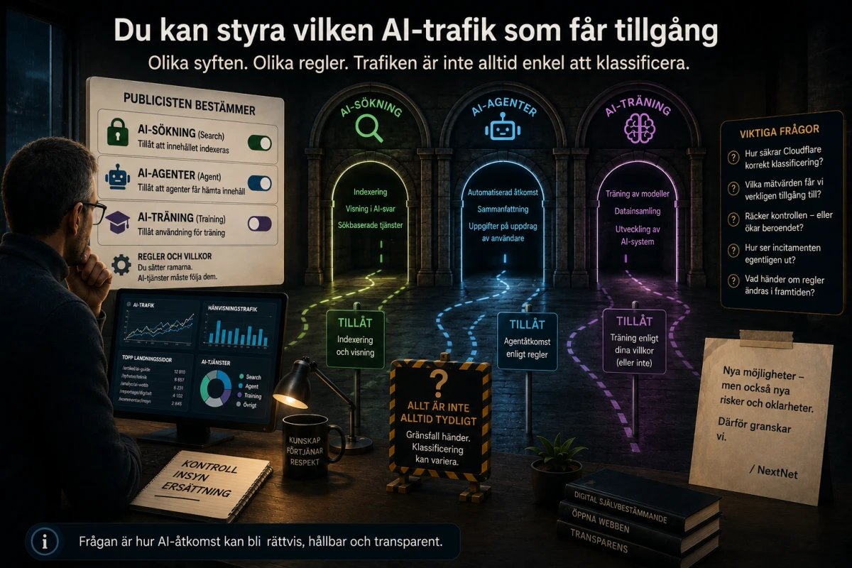 Illustration som visar AI-sökning, AI-agenter och AI-träning samt publicistens möjliga regler för åtkomst.