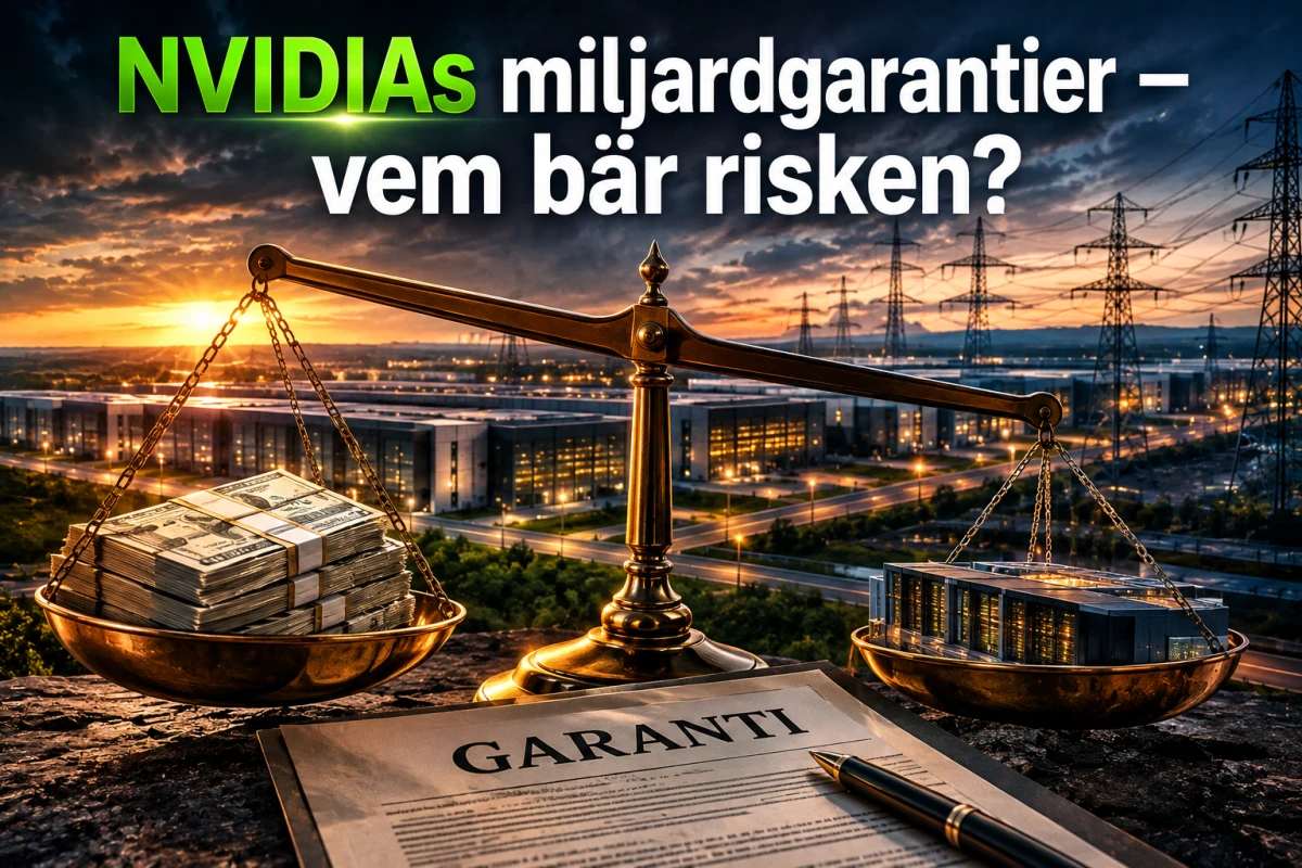 Balansvåg med kapital och AI-infrastruktur bredvid ett garantidokument.