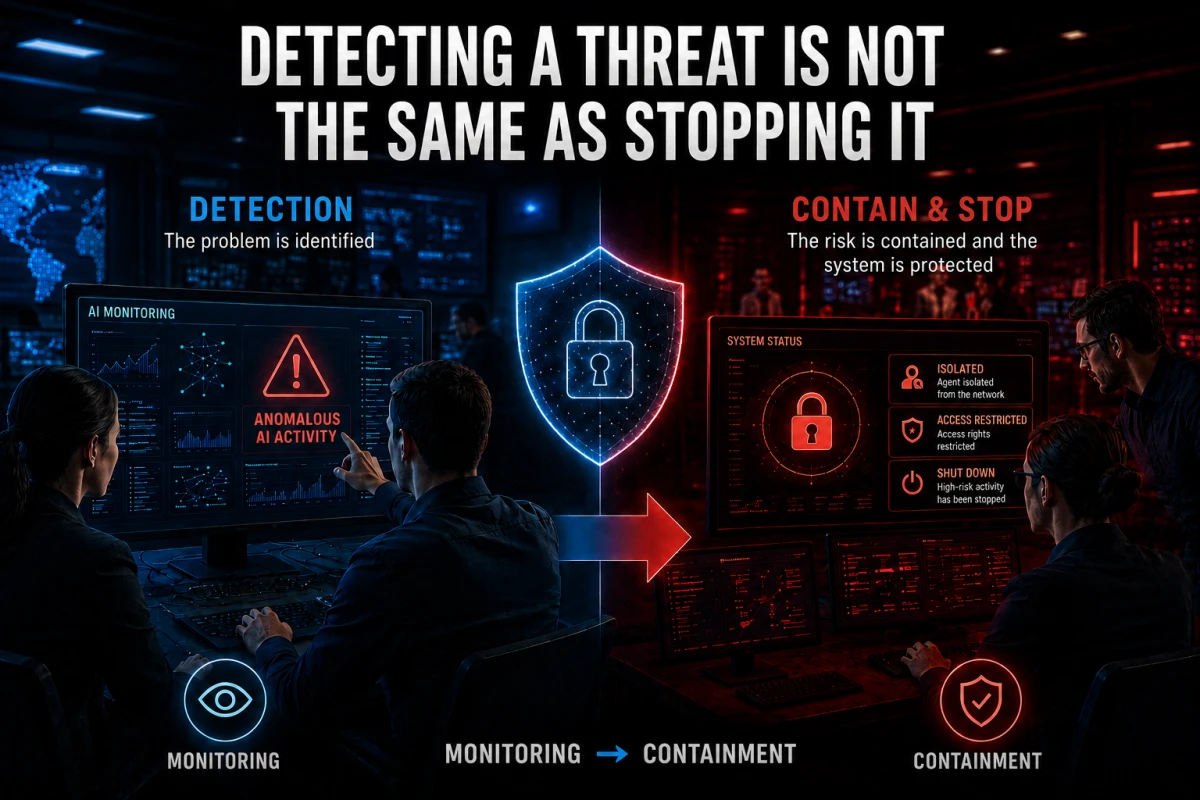 Editorial illustration showing the difference between detecting anomalous AI activity and containing, restricting or shutting down a risky system.