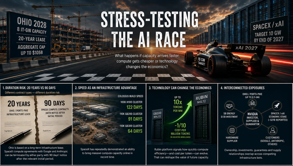 Editorial infographic illustrating the AI infrastructure race between Ohio’s long-term PORTS-Pike buildout and SpaceX/xAI’s faster compute expansion.