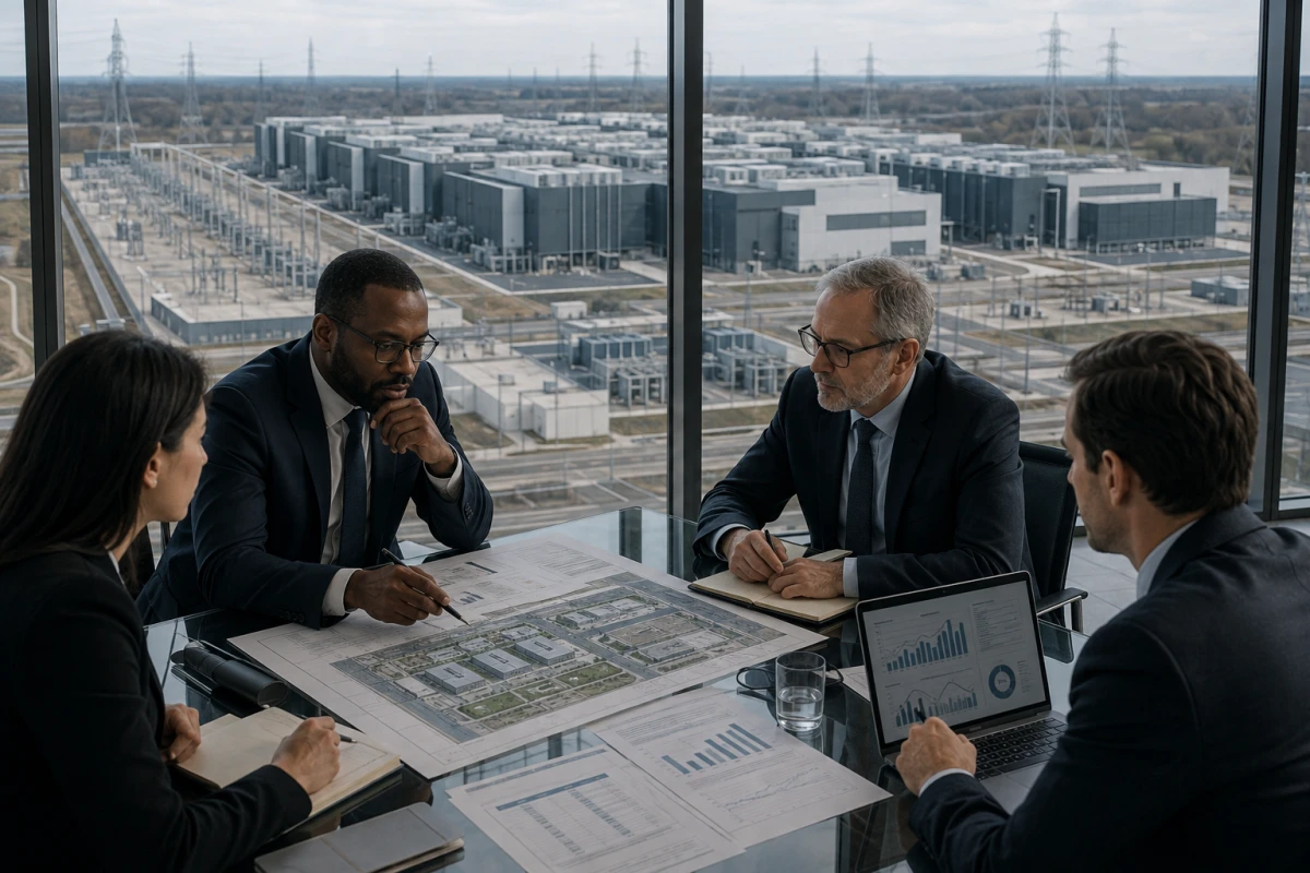 Finansanalytiker diskuterar investeringar med ett stort datacenter och elinfrastruktur synligt utanför fönstret.