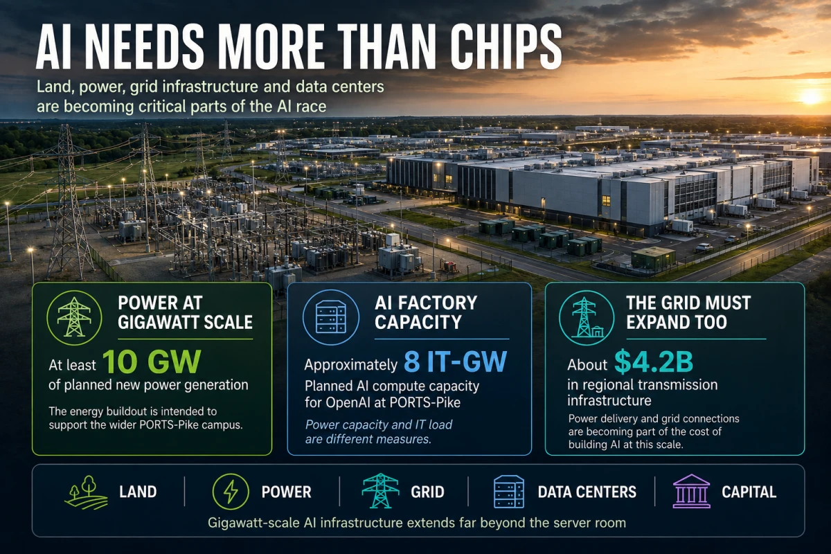 Large AI data-center campus with substations, transmission lines and electrical infrastructure illustrating the physical scale of PORTS-Pike.