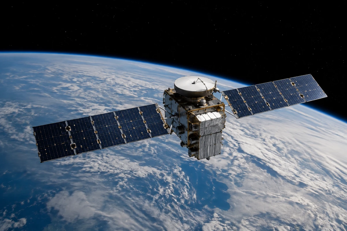 Conceptual satellite above the curve of Earth illustrating a planned space-based AI architecture.