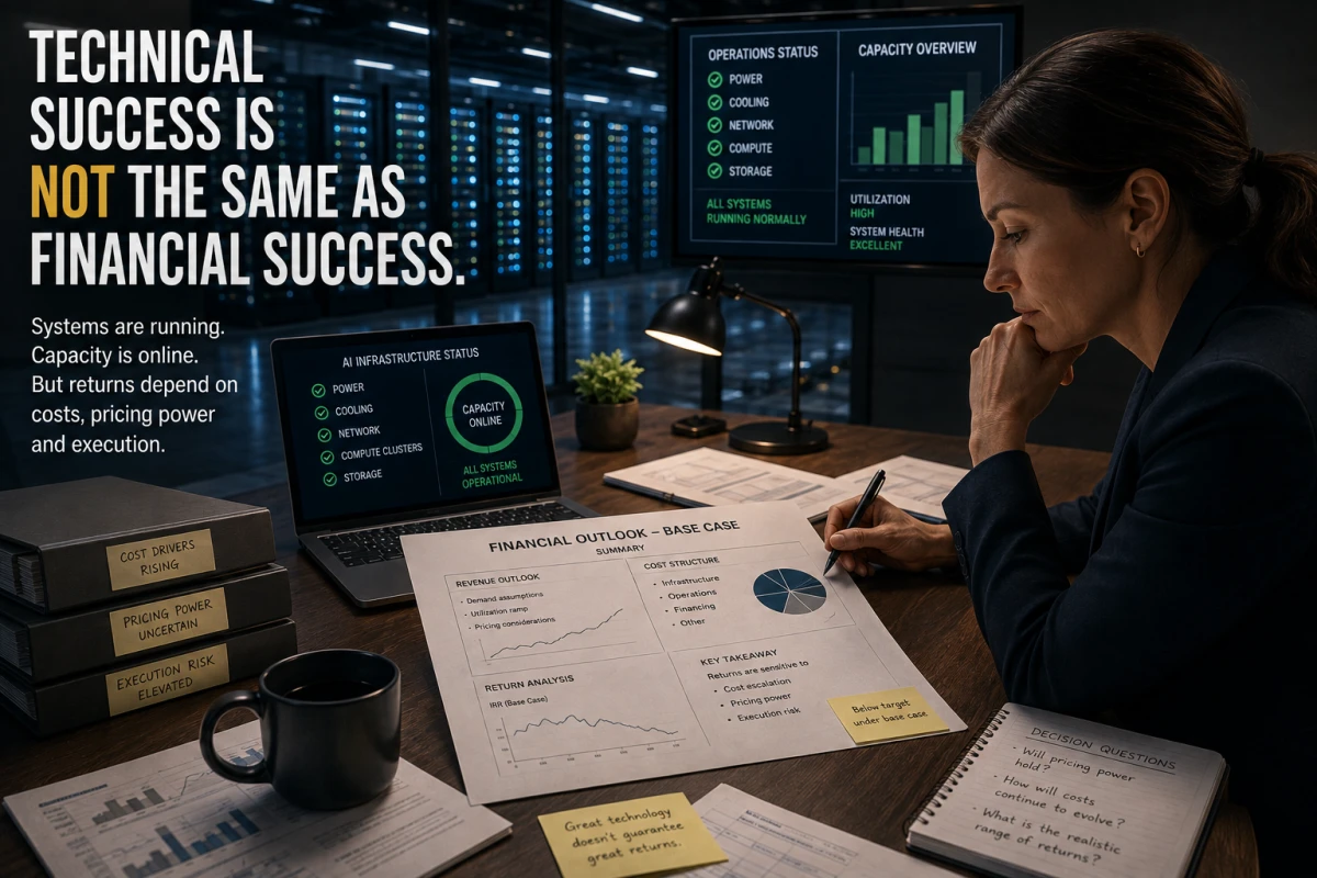 Editorial illustration of a woman reviewing the financial outlook for a fully operational AI data center while technical systems are shown running normally.