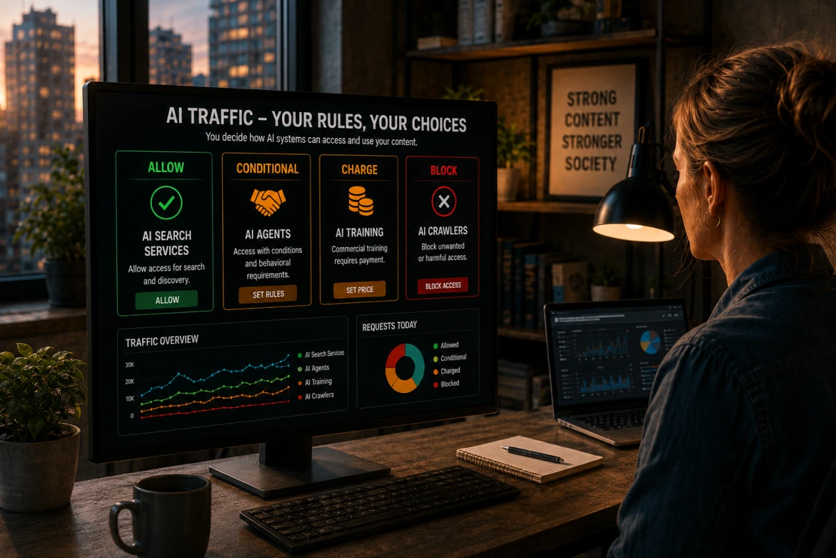 Woman with a coffee cup viewing a dashboard with different rules for AI traffic and access to digital content