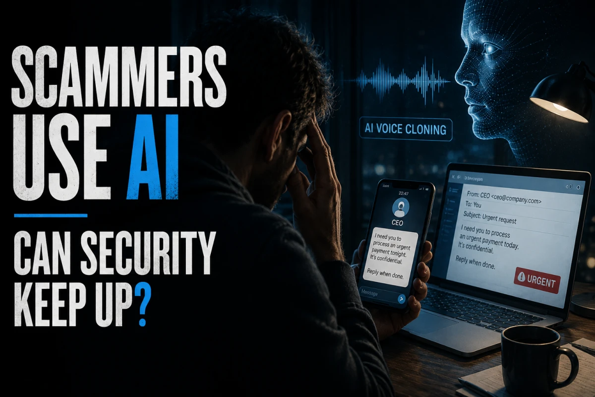 A man receives an urgent payment request while an AI-generated face and voice-cloning graphic illustrate an AI-powered impersonation scam.
