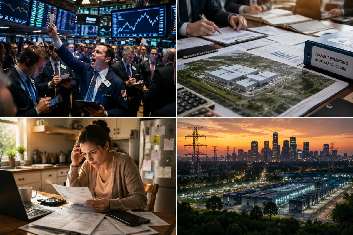 Four-panel illustration showing financial markets, AI infrastructure financing, household finances and data center infrastructure.