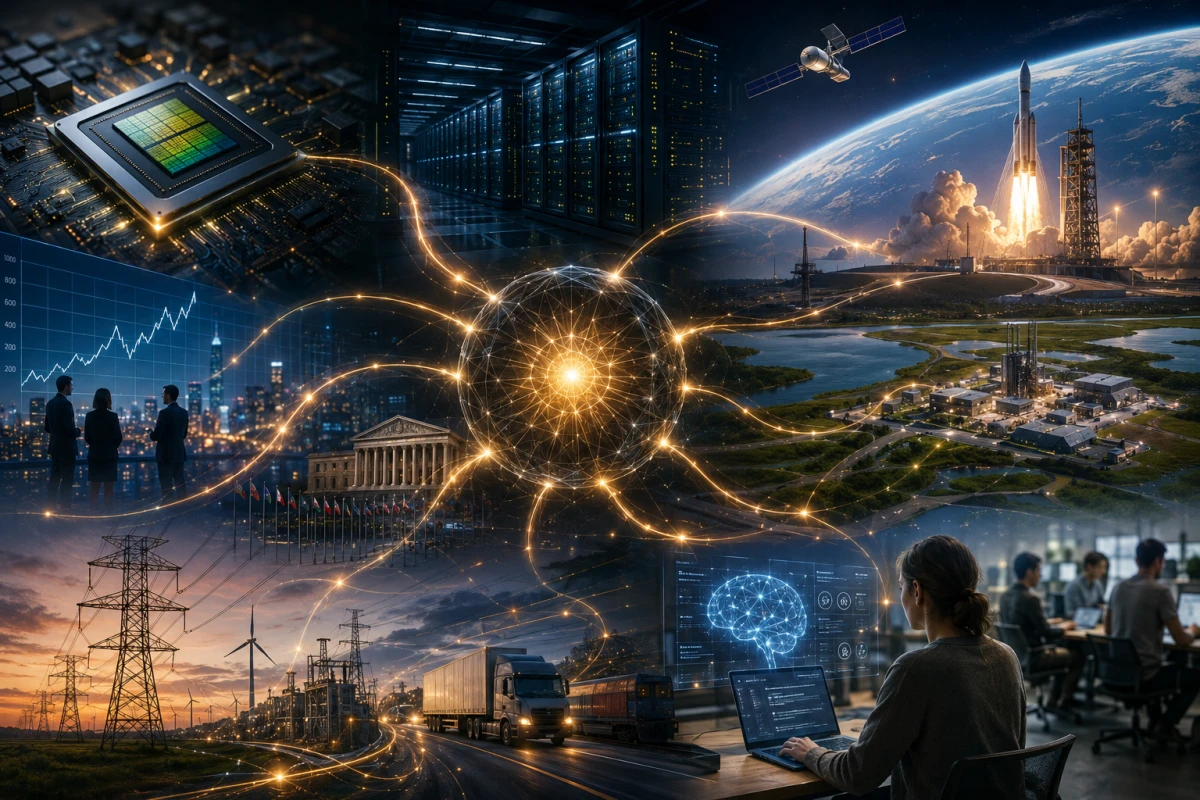 AI infrastructure shown as an interconnected system of chips, data centers, energy, finance, transport, orbital technology and people.