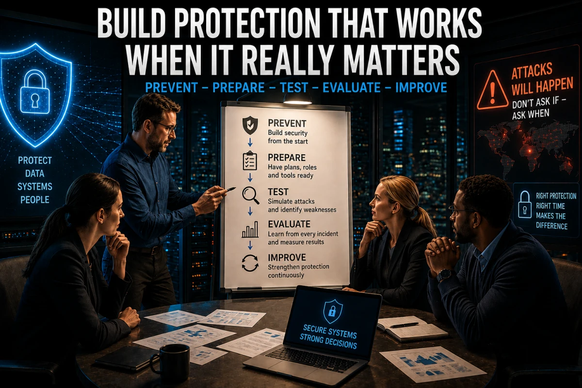 Editorial illustration of a cybersecurity team balancing rapid AI development with risk assessment, testing, clear responsibilities and security controls.
