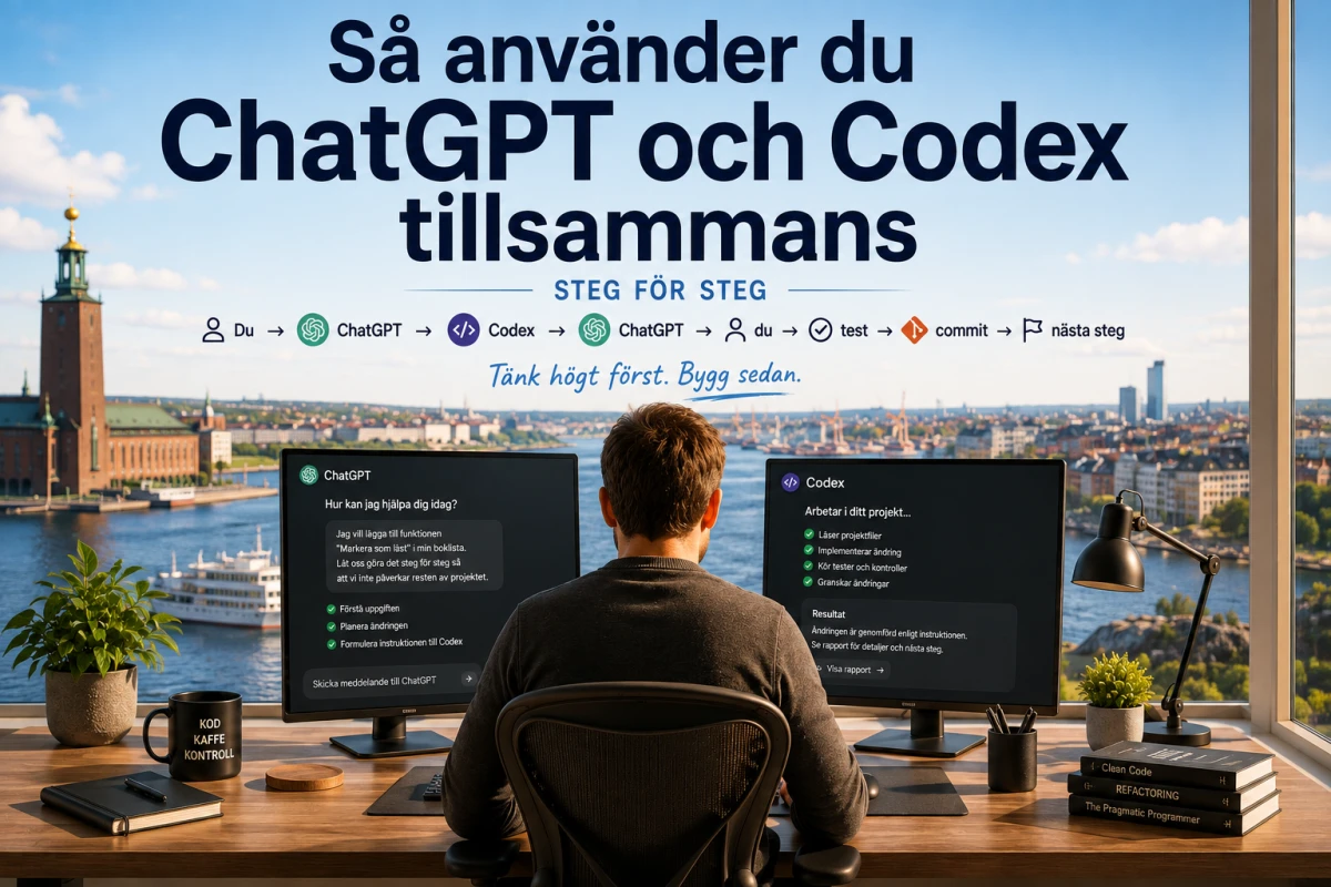 Person vid dator i en ljus arbetsmiljö med en överblick av ett arbetsflöde mellan ChatGPT och Codex.