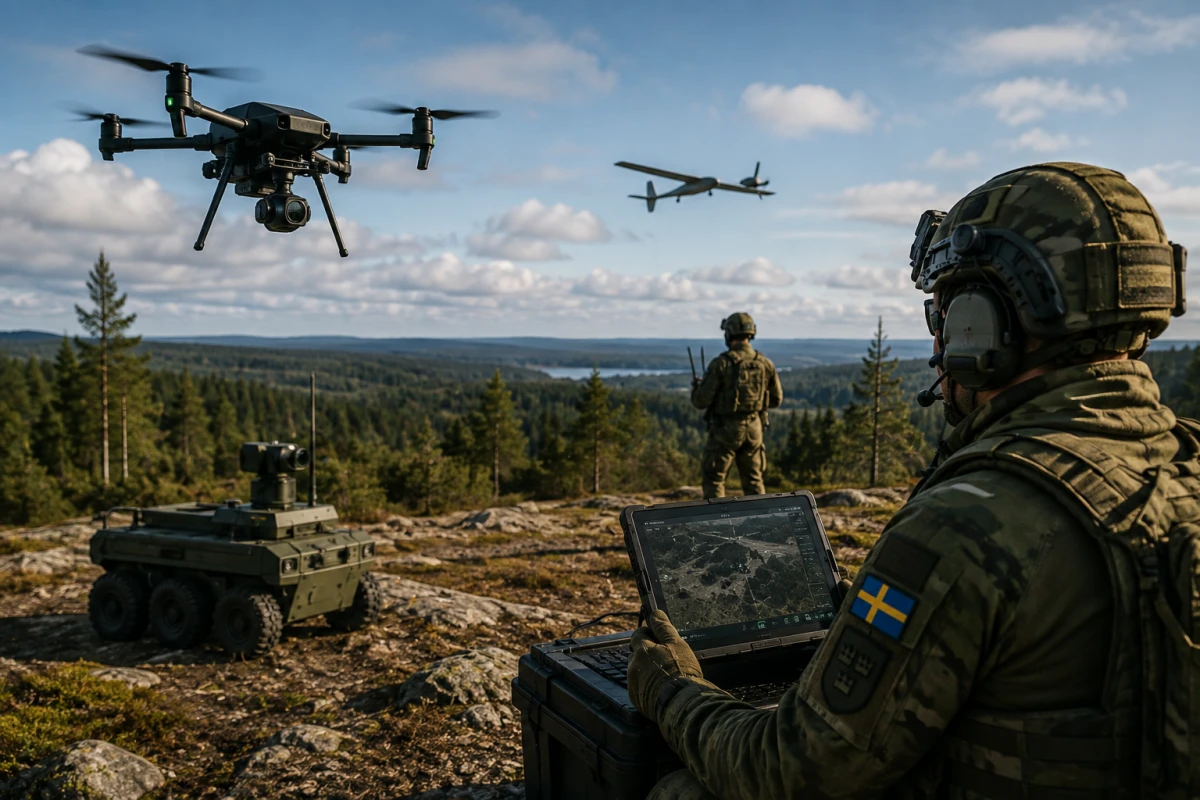 Svenska soldater övervakar drönare och ett obemannat markfordon i en militär fältmiljö.