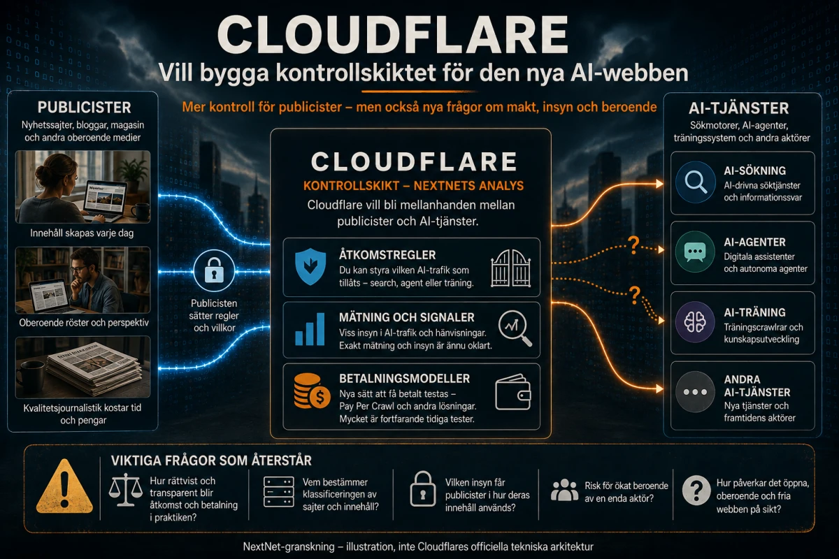 Illustration av Cloudflare som ett möjligt kontrollskikt mellan publicister och AI-tjänster, med frågor om makt, insyn och beroende.