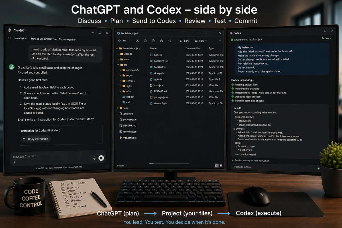 ChatGPT, project files and Codex shown side by side in a practical development workflow.
