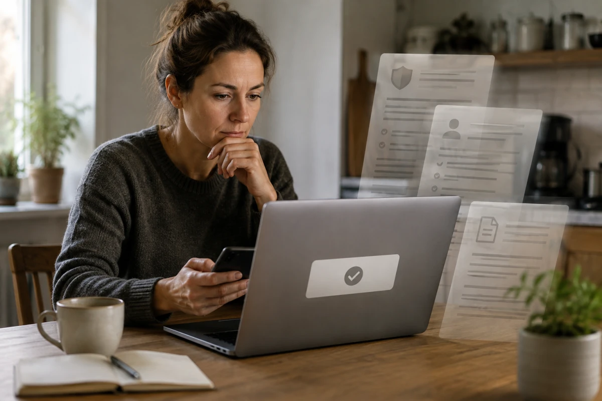 Person vid ett köksbord tittar eftertänksamt på en laptop med flera informationslager bakom en enkel knapp.