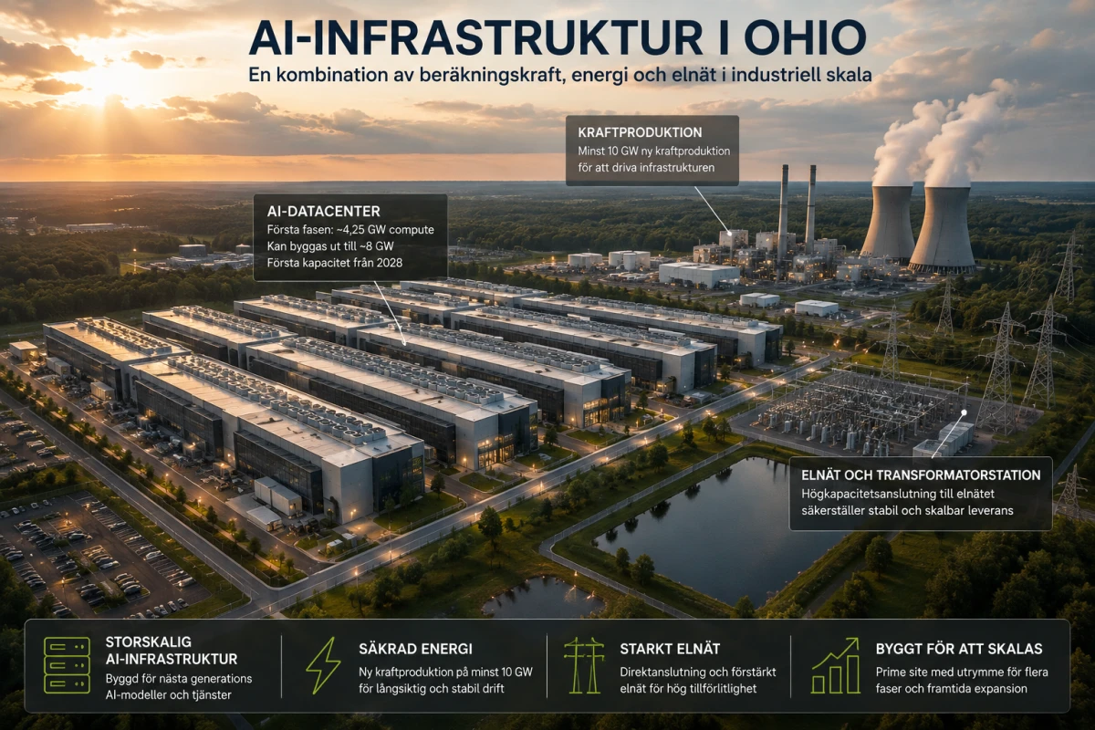 AI-campus med datacenterbyggnader, elinfrastruktur och energiförsörjning i ett öppet landskap.