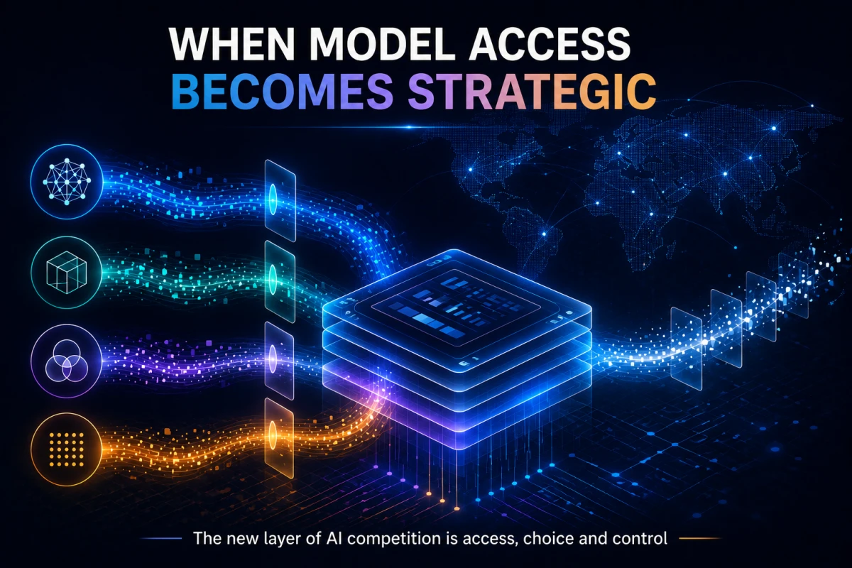 Abstract digital illustration of several model pathways connecting to a shared AI application platform.