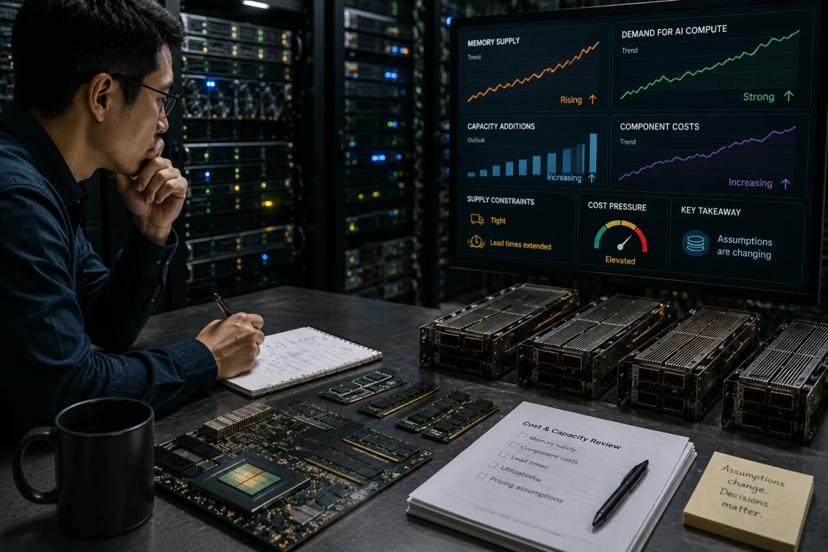 Engineer reviewing AI compute supply, memory availability and changing infrastructure cost assumptions in a data center.