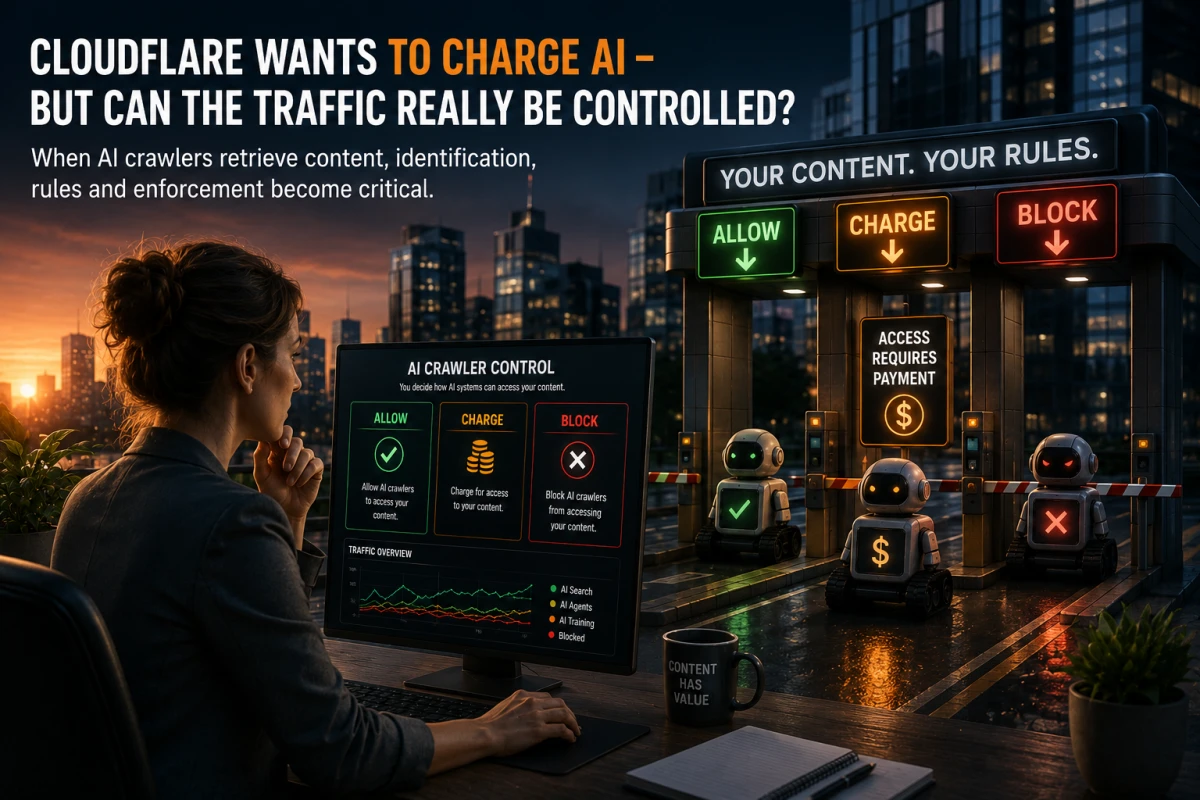 AI crawler access checkpoint illustrating allow, charge and block rules for online content