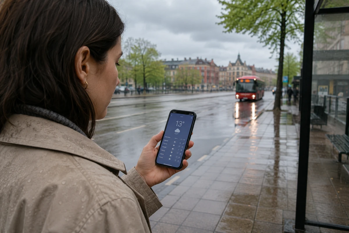 Kvinna vid en regnig busshållplats som kontrollerar väderprognosen i mobilen