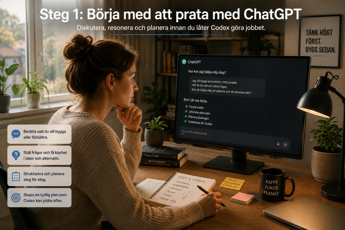 Kvinna vid arbetsplats som resonerar och planerar med ChatGPT på en datorskärm